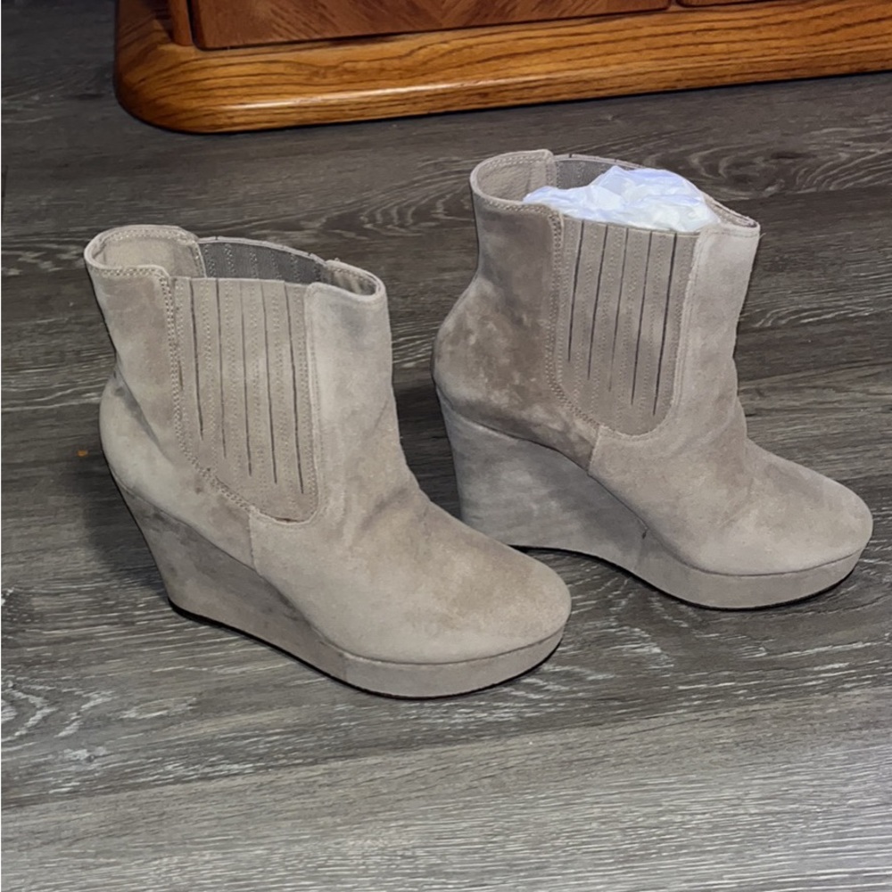Suede wedge booties. Italian designer in perfect condition